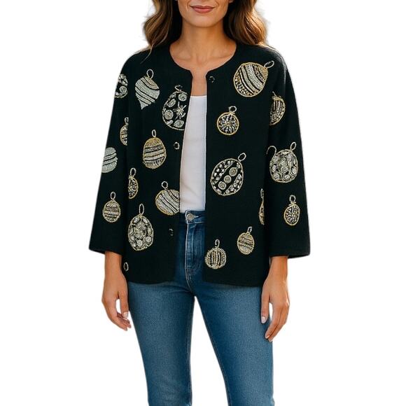 Michael Simon 1991 Christmas Ornaments Cardigan Black Ugly Sweater Size M - Picture 2 of 9